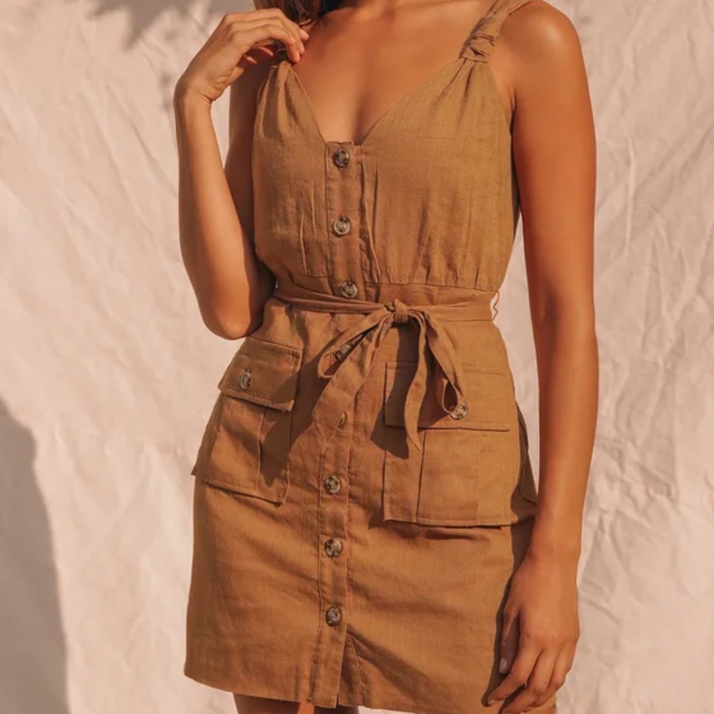 Lulu’s Meant For Greatness Tan Button-Front Mini … - image 1